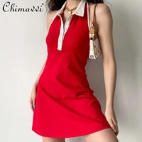 college style contrast color polo collar halter dress for women high waist sexy backless a line dress lady sleeveless red dress