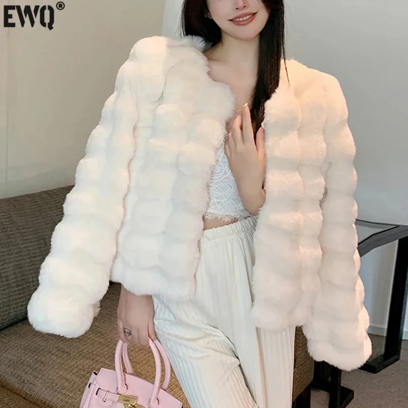 

Женское короткое пальто с длинным рукавом [EWQ], бежевое или черное теплое пальто из искусственного меха кролика рекс с круглым вырезом, толстый Топ для осени и зимы, U5945, 2023