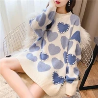 heart shaped knitted sweater elegant pearl beading womens fashion casual sweater winter warm o neck long sleeved pullover