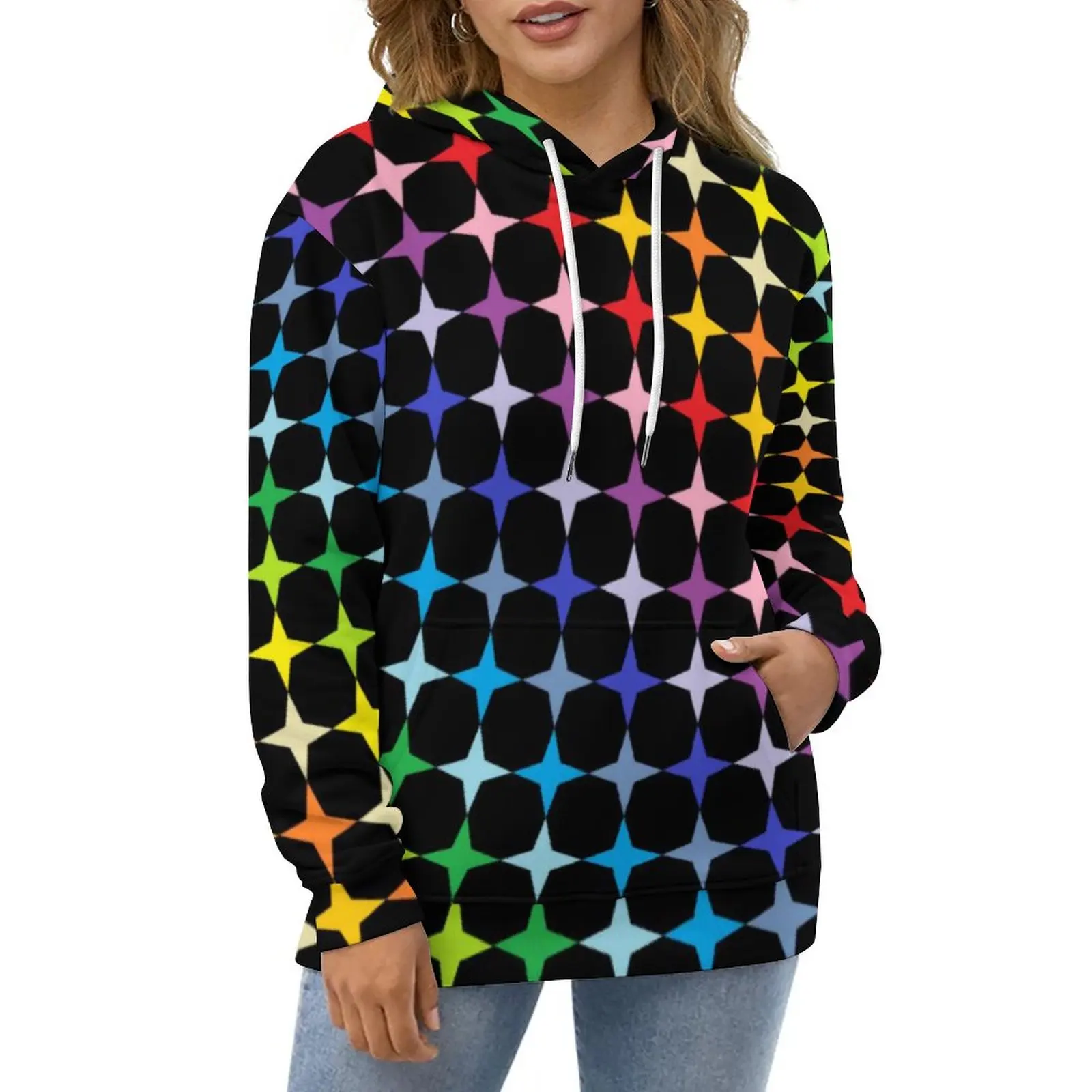 

Funny Rainbow Casual Hoodies Four Points Stars Y2k Custom Loose Hoodie Spring Long Sleeve Street Fashion Oversize Clothes Gift