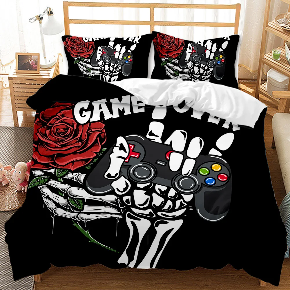 

Skull Gamer Comforter Cover Tie Dye Duvet Cover Hand Skeleton Gamepad Gaming Polyester Quilt Cover Sugar Skull Games Bedding Set