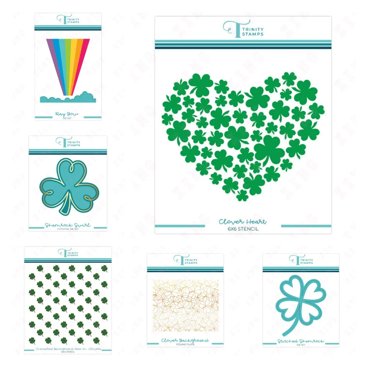 

New Diy Ray Bow Die Set Stitched Shamrock Swirl Cut & Foil Clover Heart Background Hot Foil Checkered Background Add-on Stencils