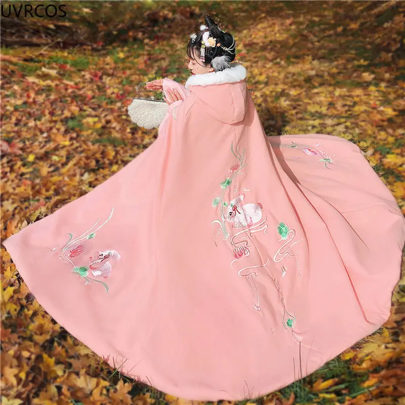 

Oriental Ancient Hanfu Cloak Women Autumn Winter Vintage Warm Rabbit Embroidery Hooded Cape Coat Chinese Style Princess Overcoat