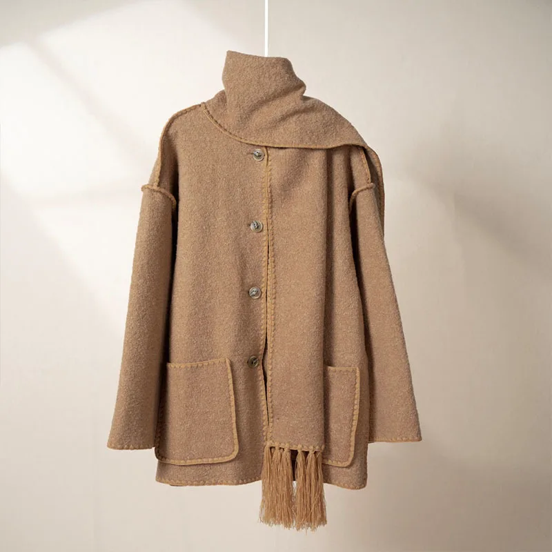 Подиумное женское новое коричневое шерстяное пальто с шарфом и воротником