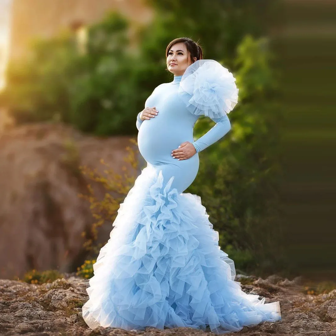 

Unique Blue Mermaid Maternity Dress for Photoshoot Long Sleeves Stretchy Handmade Ruffle Flowers Pregnancy Gown Babyshower Dress