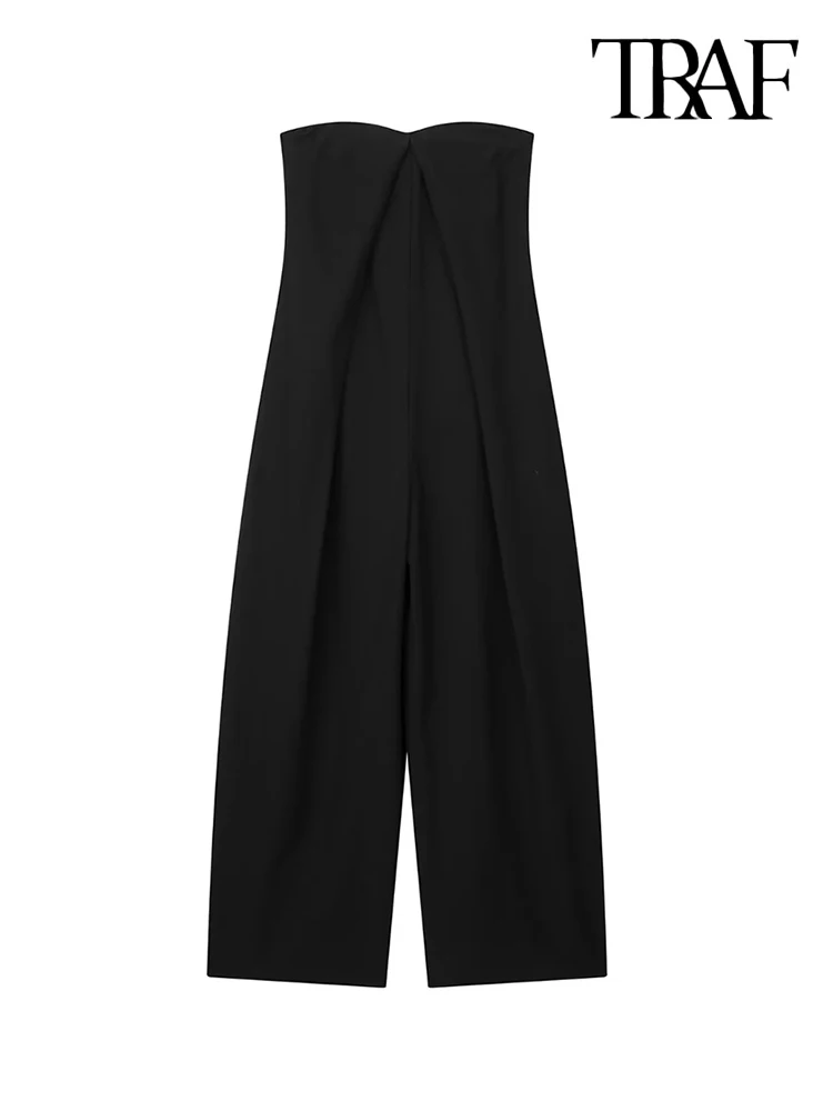 

TRAF Women Fashion Front Darts Strapless Linen Wide Leg Jumpsuits Sexy Straight Neck Side Zipper Female Playsuits Mujer