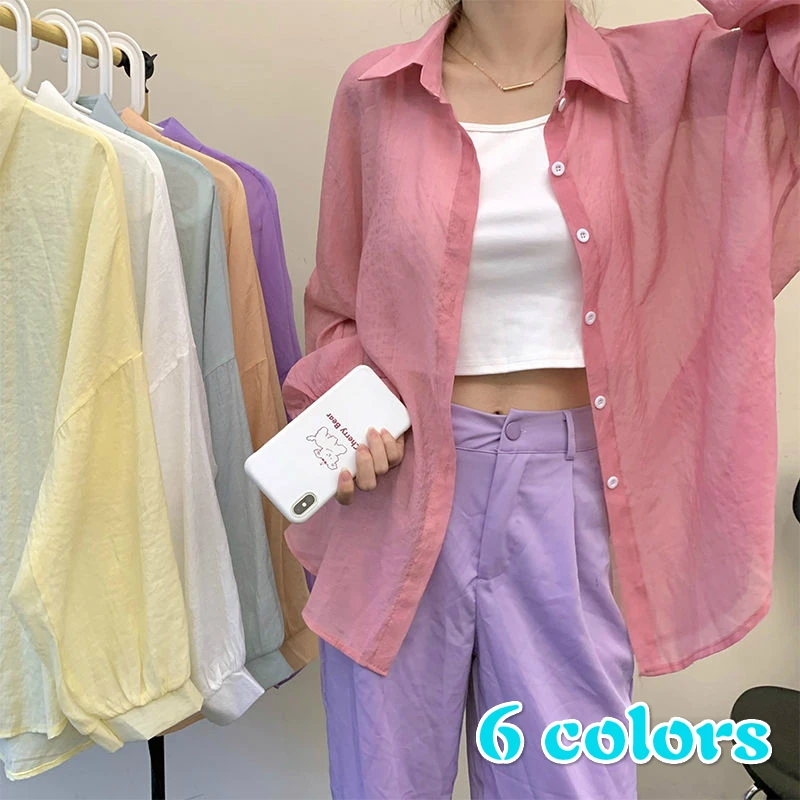 

Shirts Women Candy Color Korean Style Loose Womens Transparent Thin Outerwear Summer Chic Ins Sweet Blouses Tunic Tops Popular