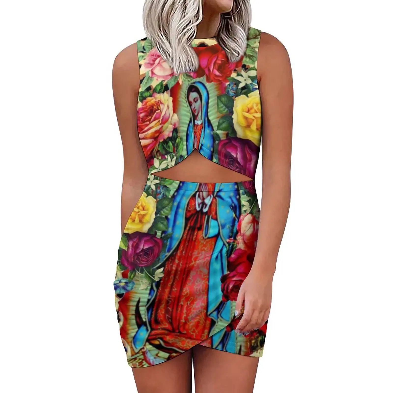 

Облегающее женское платье с Девой Марии Гуадалупе, милые летние платья с цветочным принтом, ажурное платье с эстетическим узором, 3XL, 4XL, 5XL