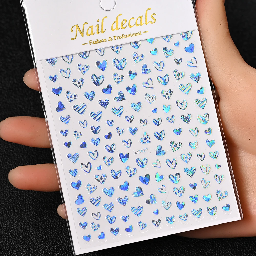 

1pc Laser Silver Love Heart 3D Nail Stickers Holographic Flowers Nail Art Decals Sliders for Manicure Tips Nail Charm Decoration