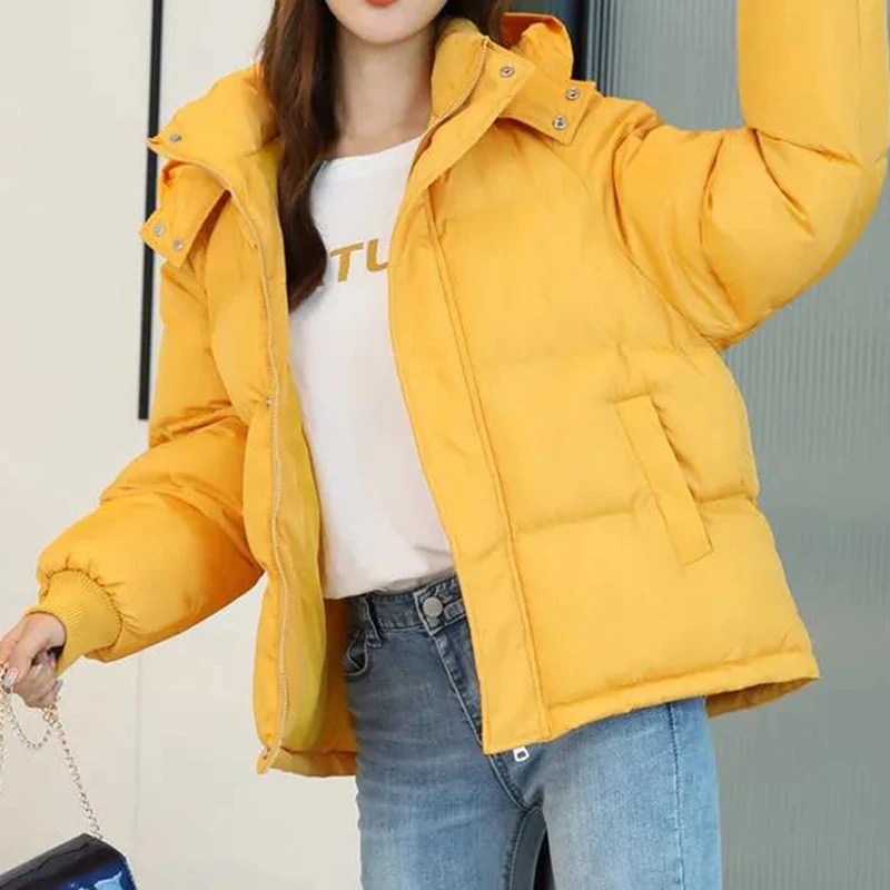 2023 Winter Women's Hooded Zipper Loose Down Jacket Women's Solid Color Short Thick Padded Jacket New