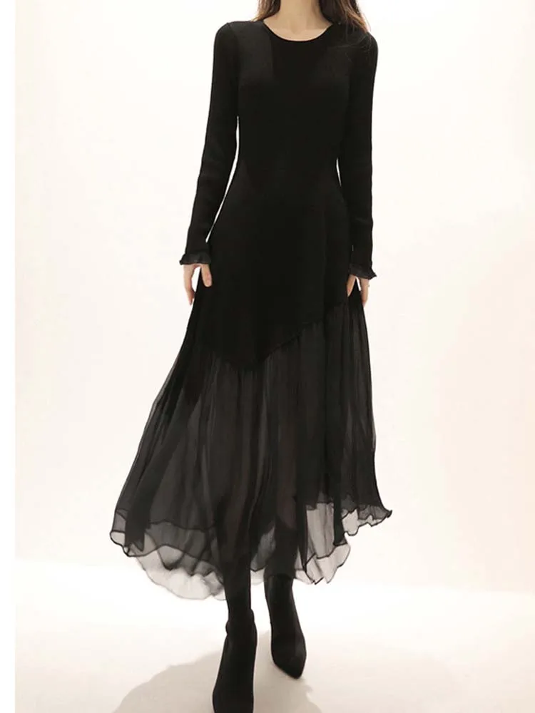 

Черное трикотажное платье высокого качества, женские платья средней длины с круглым вырезом и длинными рукавами во французском стиле, модн...