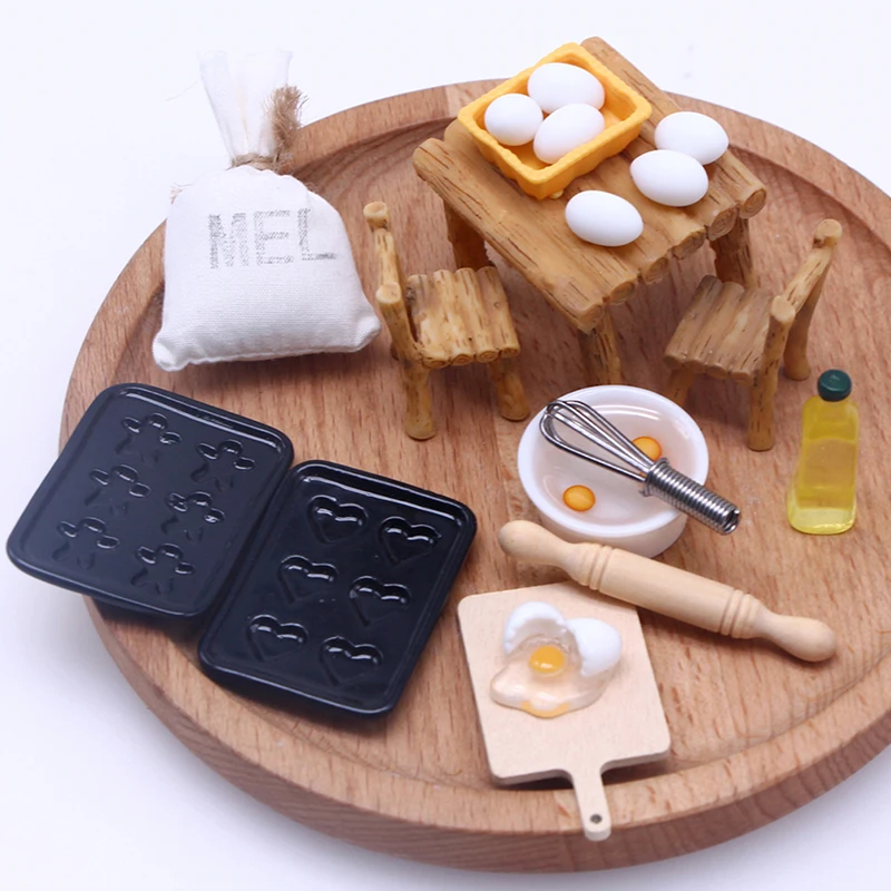 

1Set Dollhouse Miniature Kitchen Furniture Dining Table Chair Rolling Pin Olive Oil Egg Model For Doll House Life Scene Decor