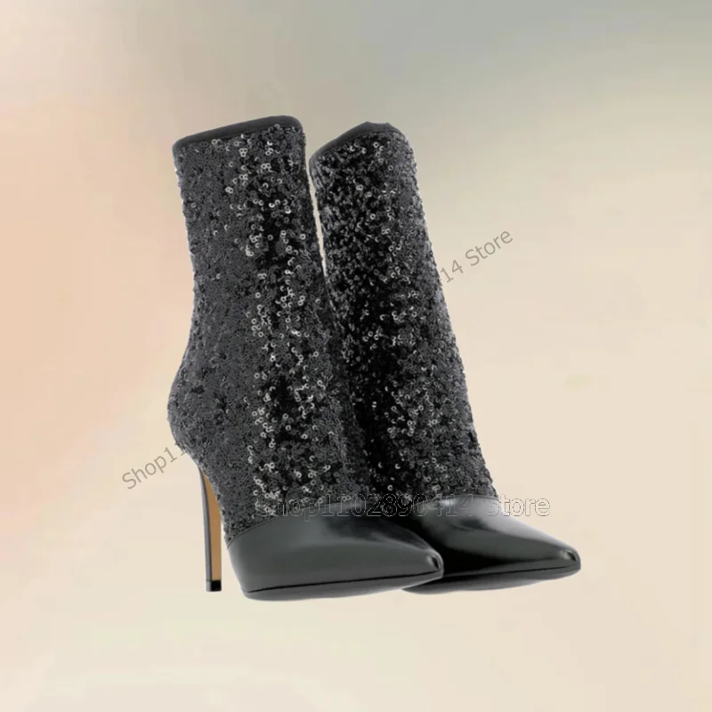 Черные кожаные Лоскутные ботинки с блестками и острым носком женская обувь на