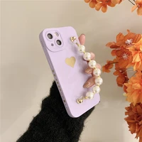 cute side plating heart love pearl chain wristband girl soft case for iphone 11 12 13 pro max 7 8 plus xr x xs se 2 cover fundas