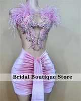 sexy pink african prom dresses crystal feathers illusion birthday party velvet mini cocktail homecoming gowns robe de bal