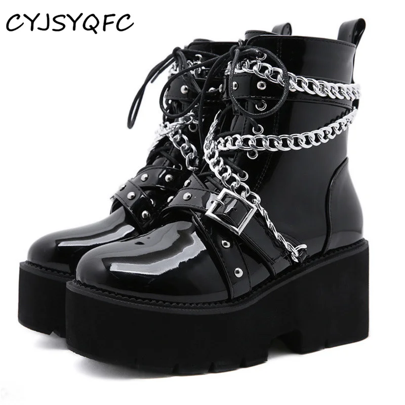 

Brand Metal Chains Women Motorcycle Boots Chunky Heel Platform Ankle Boots Spring Punk Gothic Black Patent Leather Lady Footwear