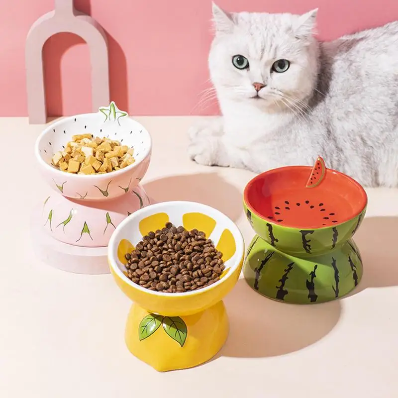

Tilted Elevated Cat Bowl Ceramic Elevated Cat Food Bowl Pet Fruit Design Slanted Cat Dish Ergonomic Backflow Prevention Bowl