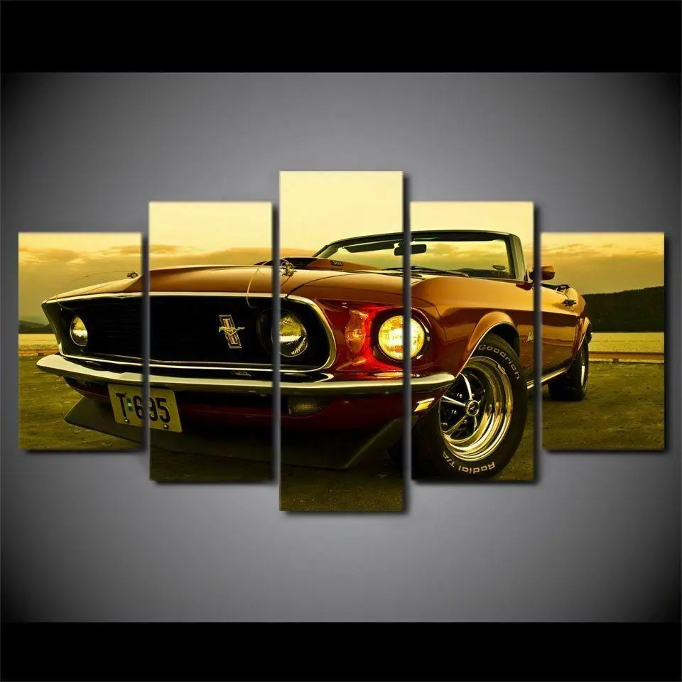 

1969 г., Ford Mustang, автомобильная Картина на холсте, настенное искусство, домашний декор, 5 панелей, HD печать, постер, 5 штук, картины, картины без рамки