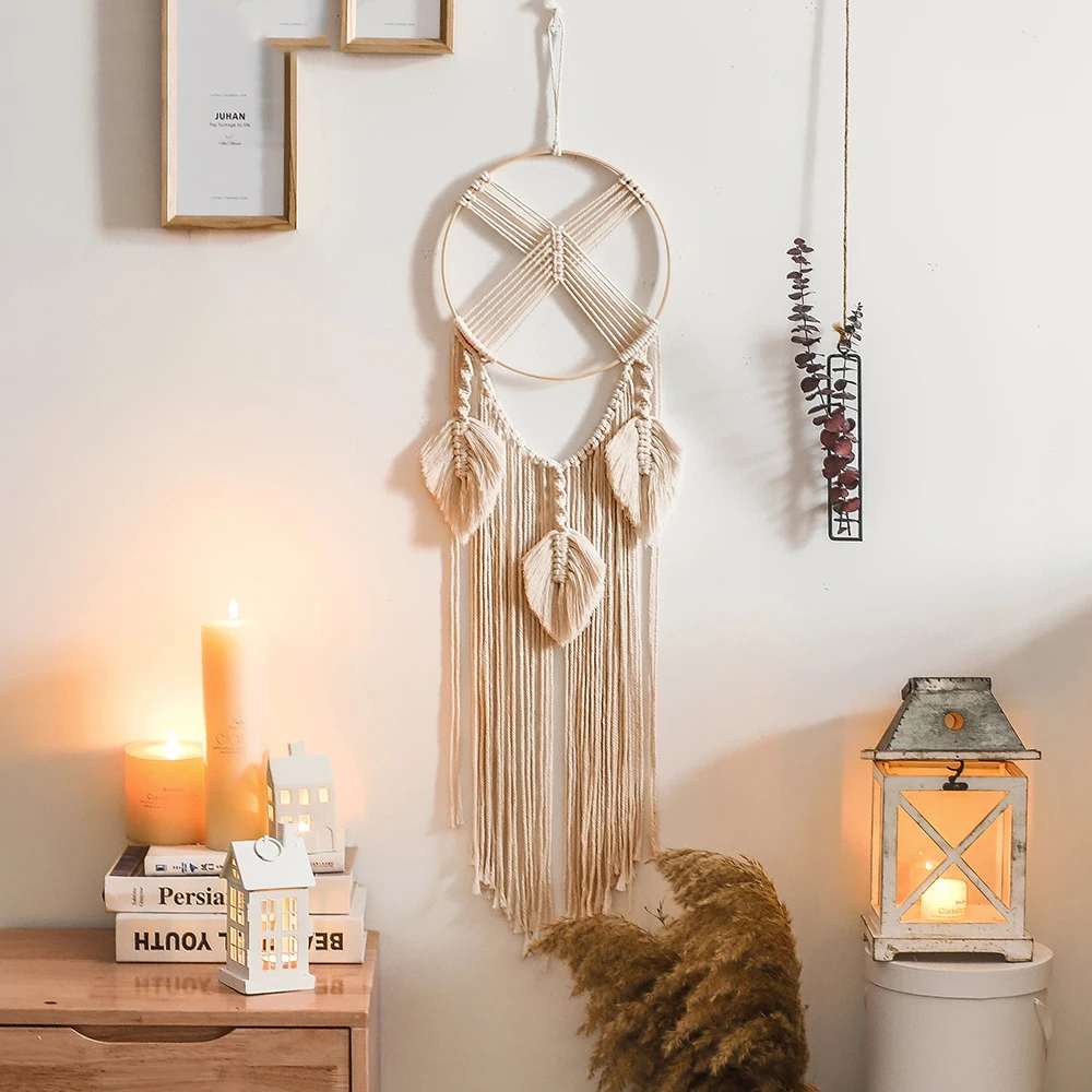 

Handmade Woven Macrame Wall Hanging Tapestry Bamboo Ring Dream Catcher Nordic Style For Home House Decor Living Room Decoration