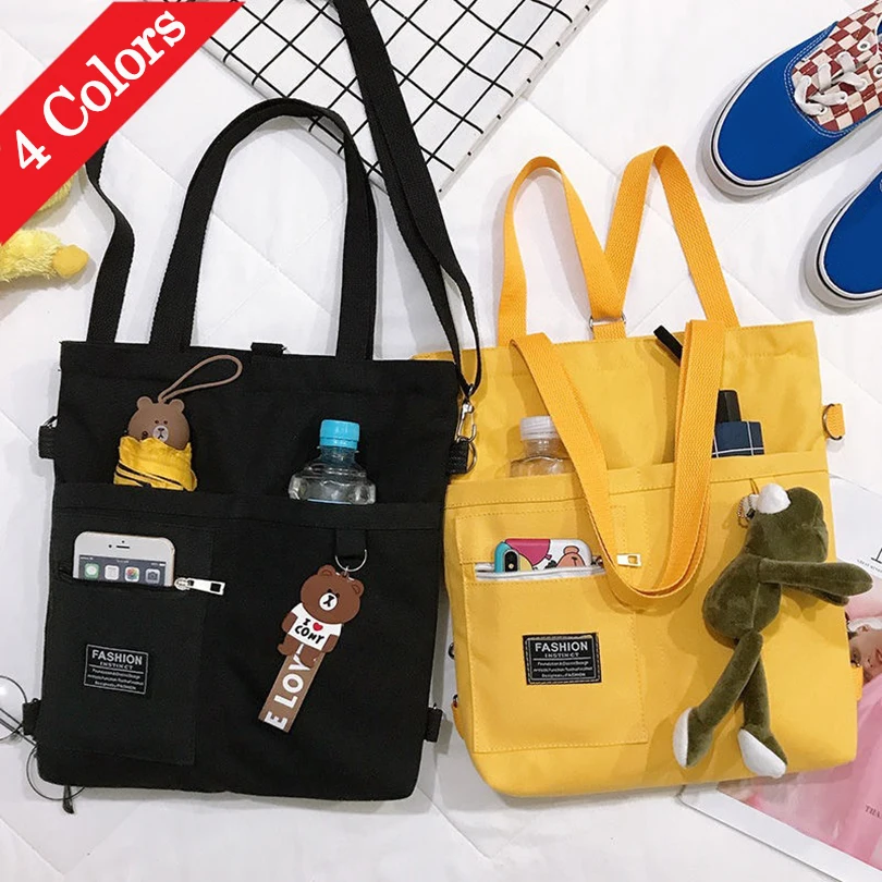 

New Fashion Women's Canvas Handbag Shoulder Bags Multi-pocket Crossbody Bag Tote Shopping Bag with Frog Pendant Bags for Girl