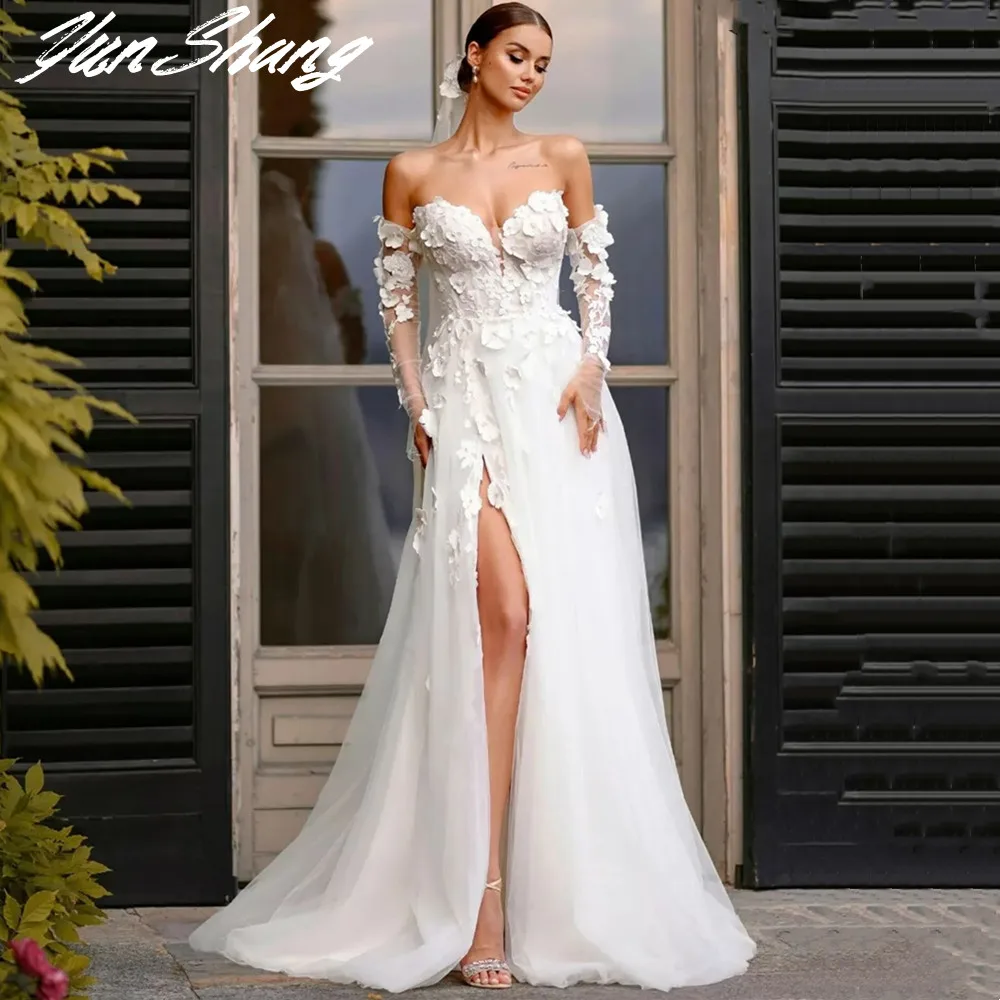 

YunShang Sweetheart White Wedding Dresses Side Split 3D Lace Appliques Bride Gown Backless Tulle A-Line Train Vestidos De Noiva