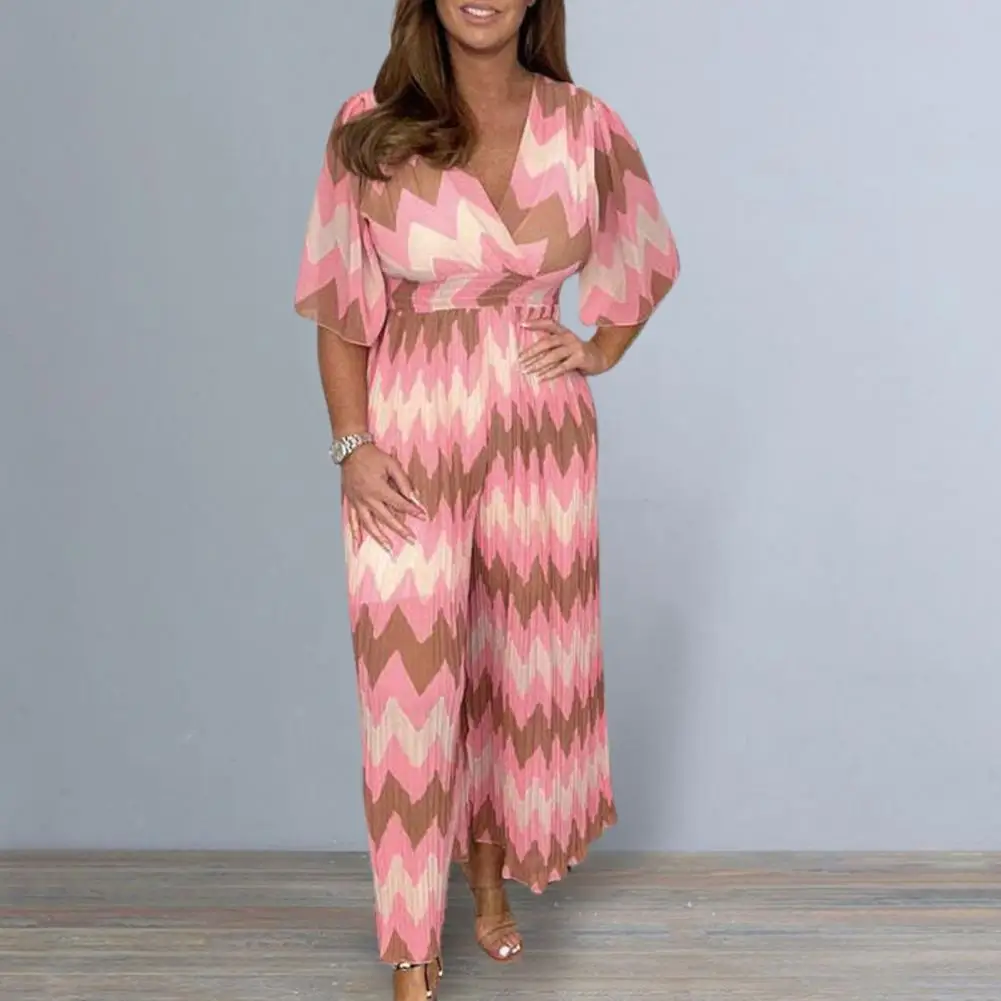 

Ladies Jumpsuit V-neck Slim Waist Women Jumpsuit Geometric Printed Wide Leg Short Sleeve Jumpsuit Color Matching Female Jumpsuit