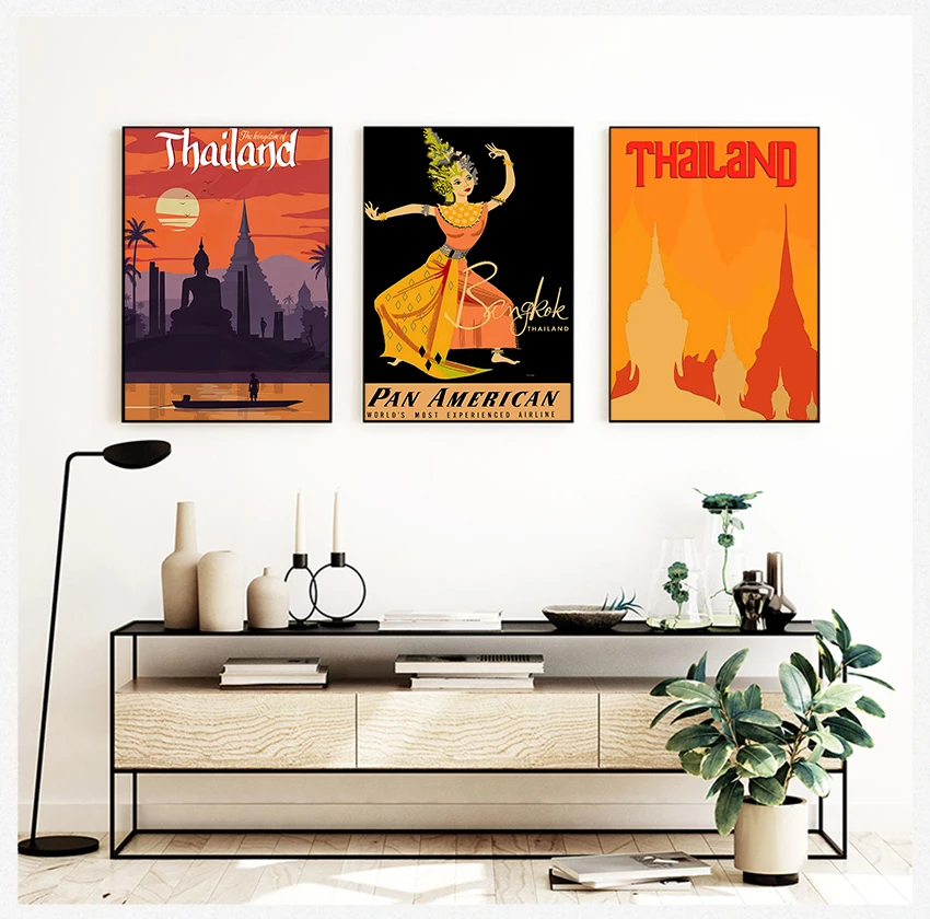 

Wall Pictures Kraft Posters Coated Wall Stickers Home Decoration Gift Visit Bangkok Thailand Travel Canvas Paintings Vintage