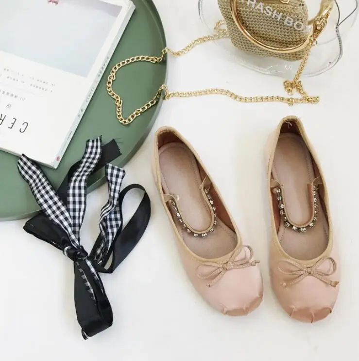 

New Arrival Real Silk Bowtied Ballet Flats Women Plaid Riband Cross Strap Espadrilles Mujer Two Styles Crystal Band Creepers