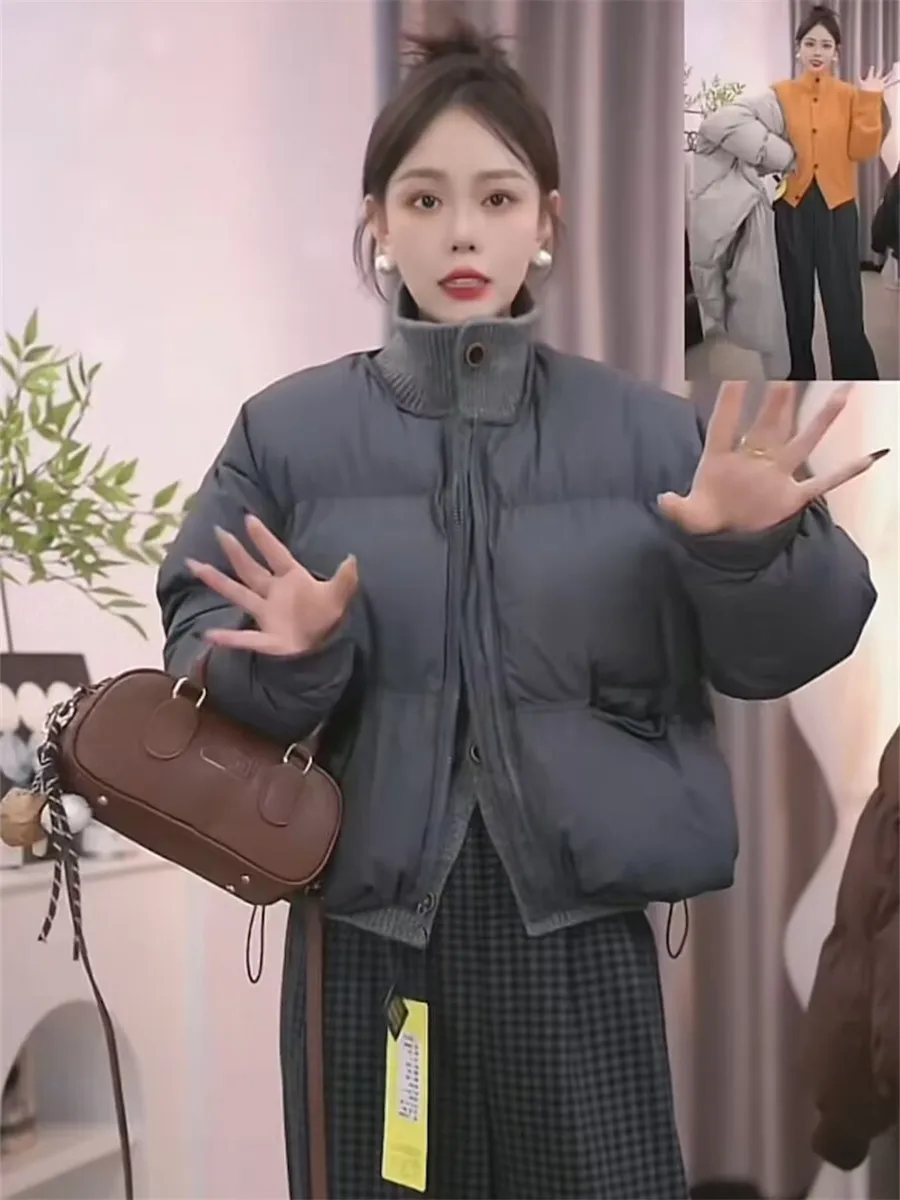 Короткая утолщенная хлопковая стеганая куртка с круглым вырезом для женщин зима