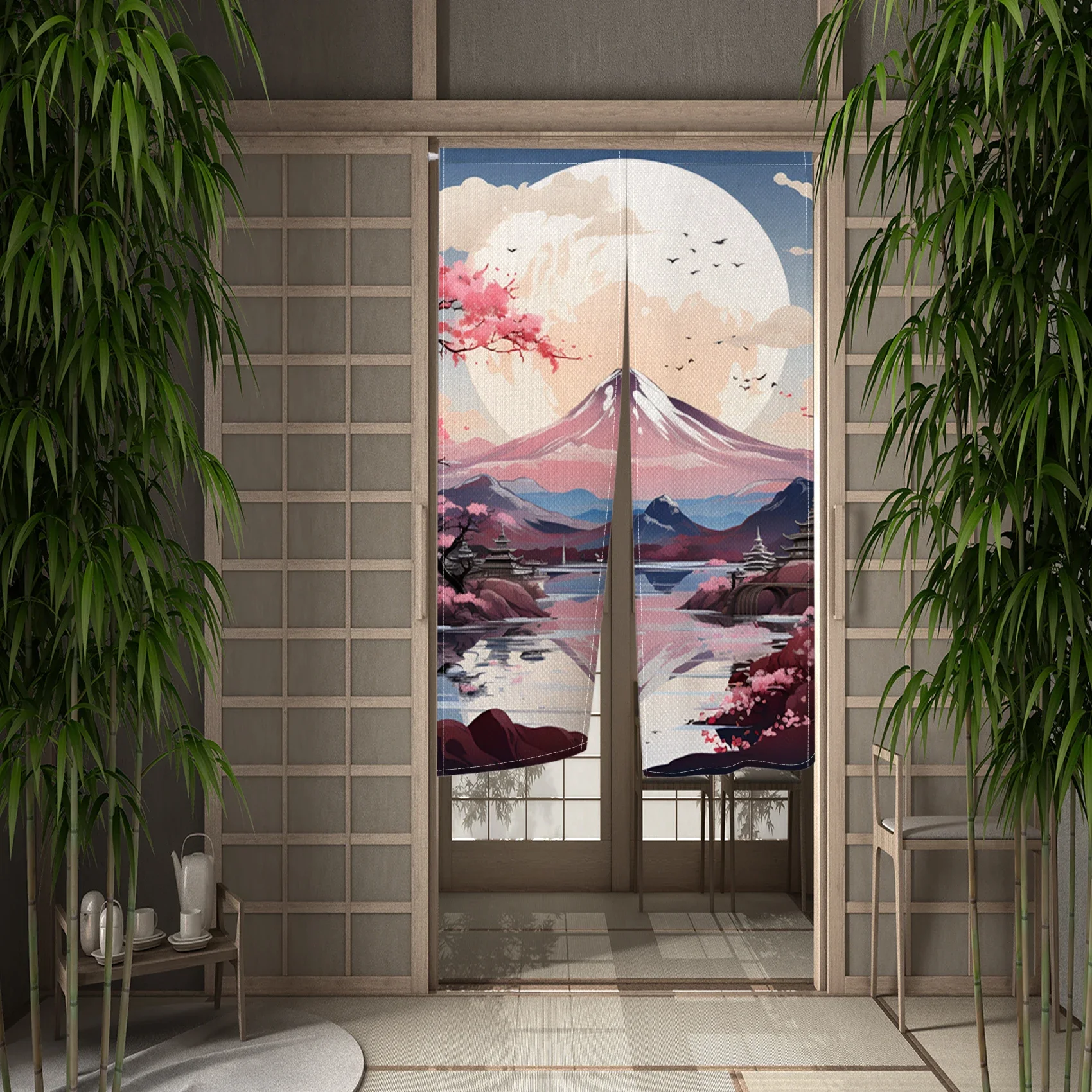 Занавеска на дверь с изображением пейзажа и горного журавля