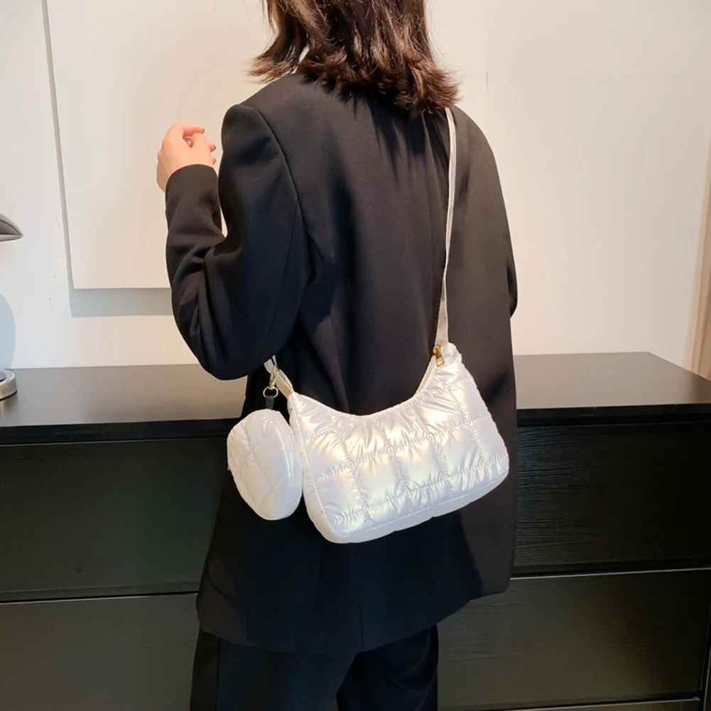 

Autumn Winter Crossbody Bag for Women Quilted Cotton-Padded Soft Shoulder Bag Casual Solid Ladies Handbag with Small Round Purse