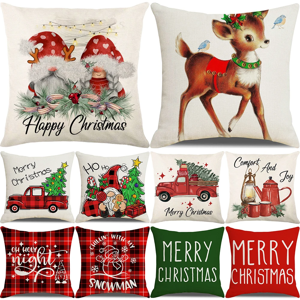 

Christmas Decor Cushion Cover 18x18 Inches Linen Throw Pillowcase Cartoon Dwarfs Printed Pillow Covers for Sofa fundas de cojin