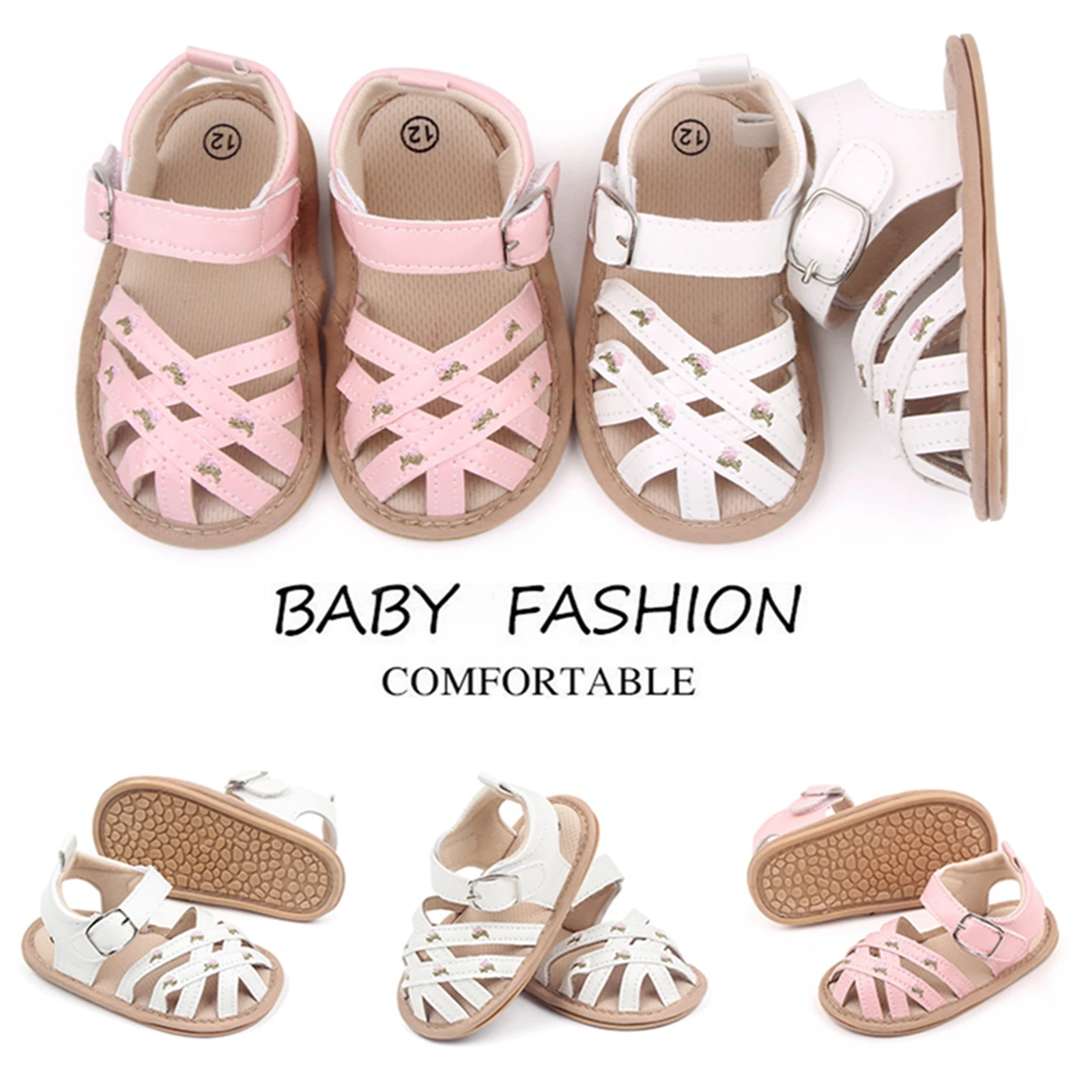 

0-18M Toddler Infant Baby Girls Cute Shoes Summer Sandals Closed-Toe Floral Embroidery Flats Newborn First Walkers Crib Shoes