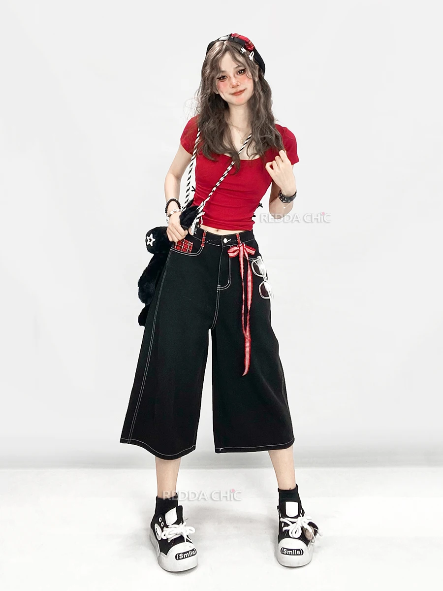 Женские свободные джинсы REDDACHiC красные клетчатые лоскутные с низкой посадкой