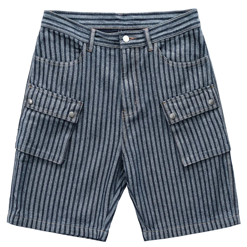 

Men's Denim Striped Shorts Loose Straight Multi-pockets Workwear Summer Fashion Casual OOTD