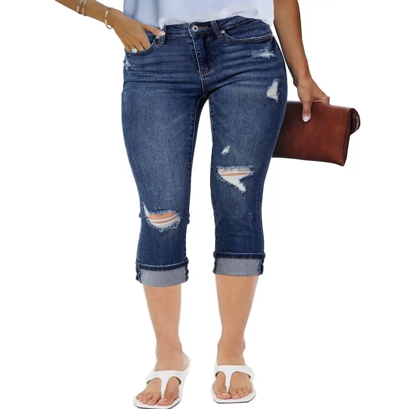 

Женские узкие джинсы HMCN с высокой посадкой, летние повседневные рваные джинсы-капри, классические синие джинсы, размер XL, 16, Размер 18