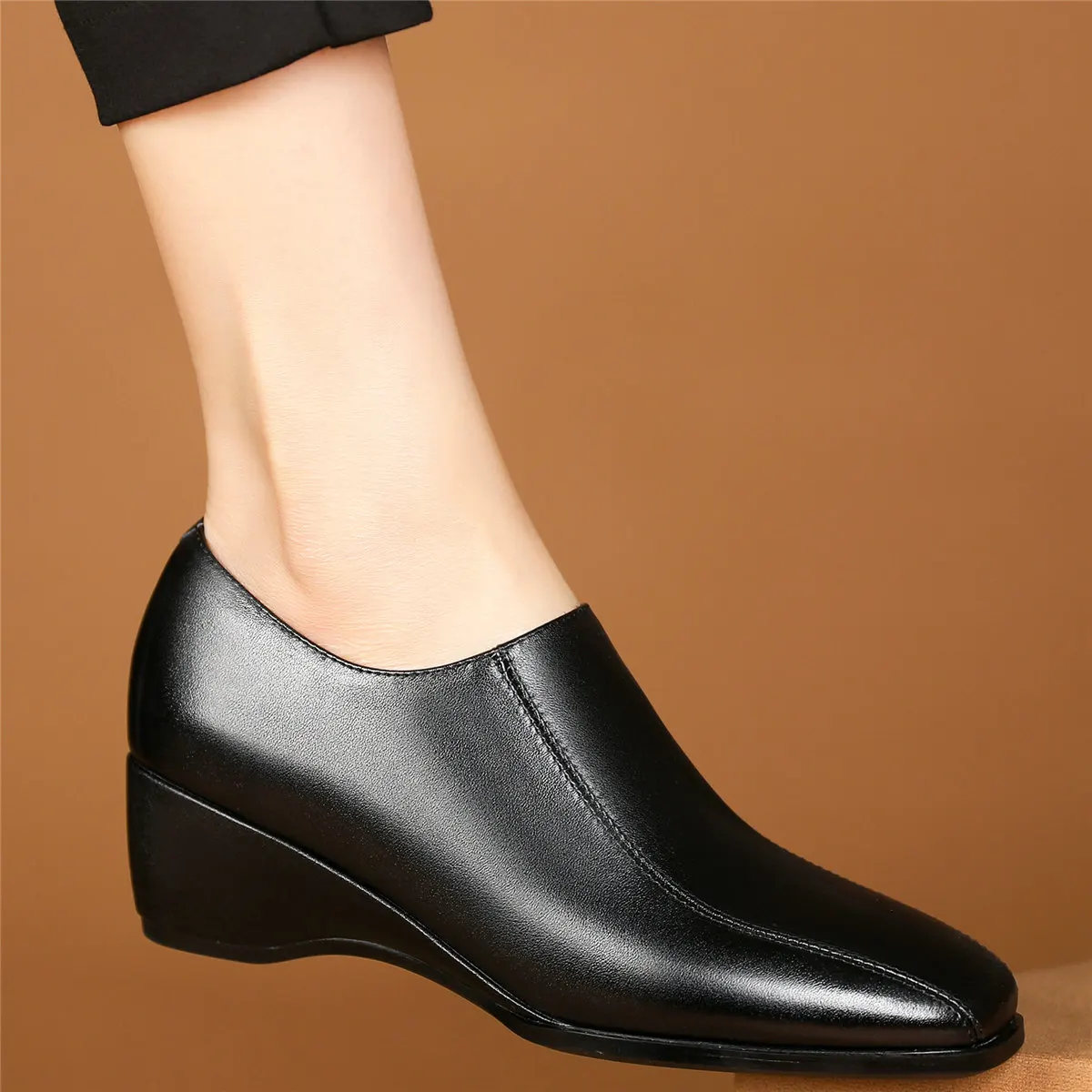 2023 Platform Oxfords Shoes Women Shallow Genuine Leather Wedges Med Heels Pumps Female Square Toe Fashion Sneakers Casual Shoes