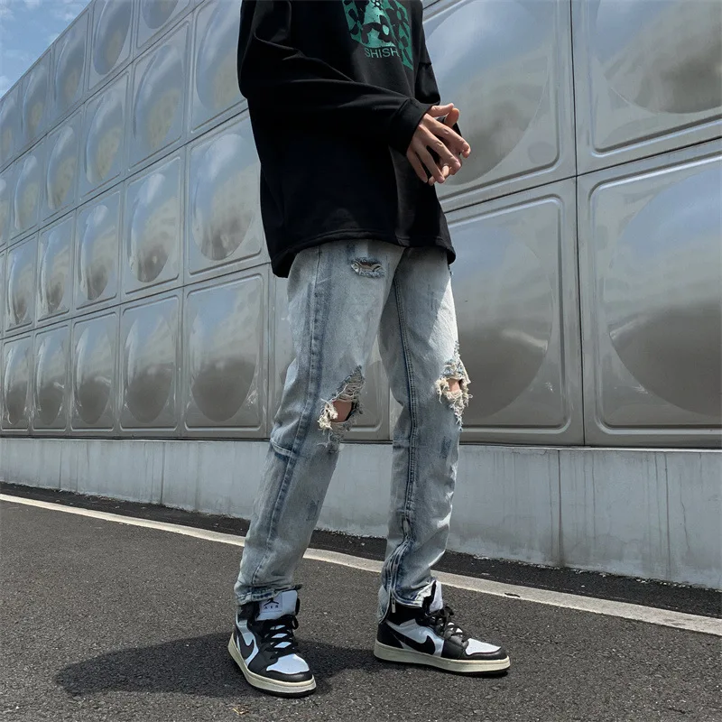 Ripped Jeans Men's Straight Pants Frayed Denim Trousers Scratch Skinny Jeans Men Washed Hip Hop Jeans Punk Clothes Streetwear