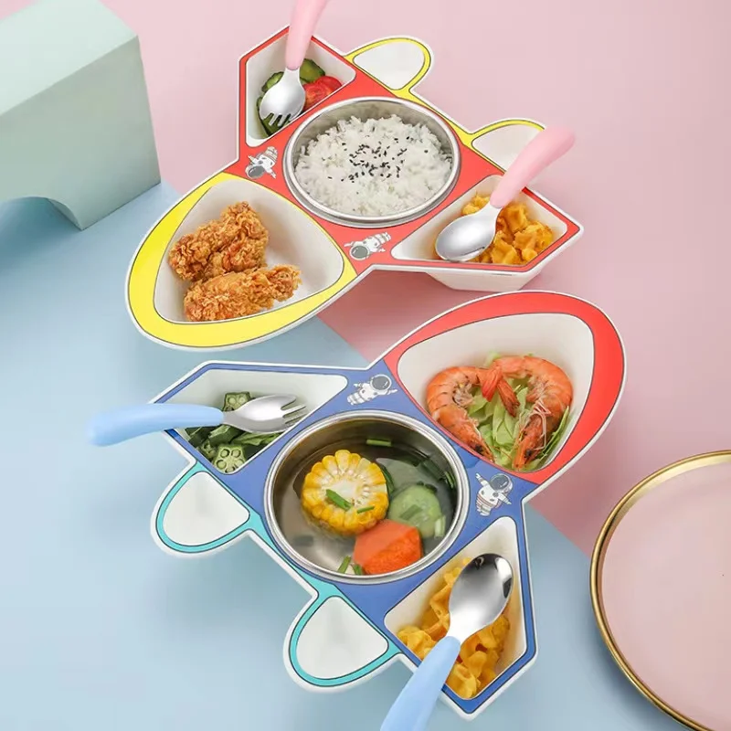 Congme Baby Kids Dinner Plate Tableware Set 304 Stainless Steel BPA Free Cartoon Aircraft Shape Kids Meal Plate Set