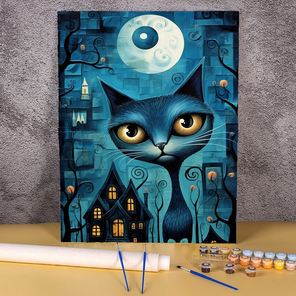 Набор для рисования по номерам на холсте начинающих Хэллоуин кошка гостиная