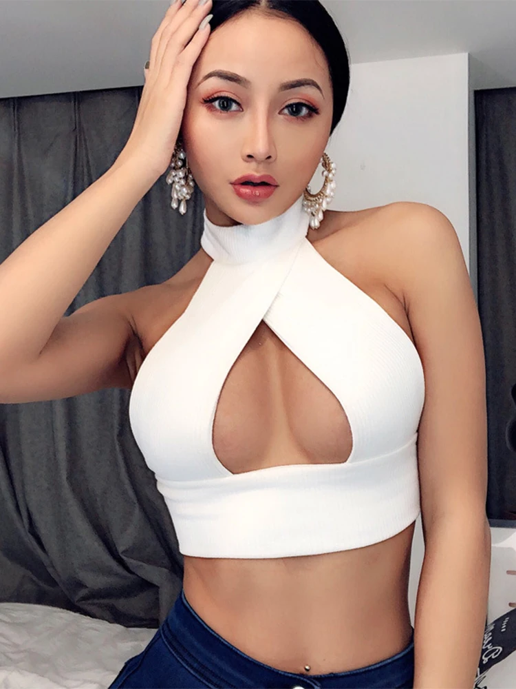 Women Strappy Cross Over Front Cut Out Halter Neck Sleeveless Backless Crop Top Bandage Vest Summer Sexy Tops Woman Clothes