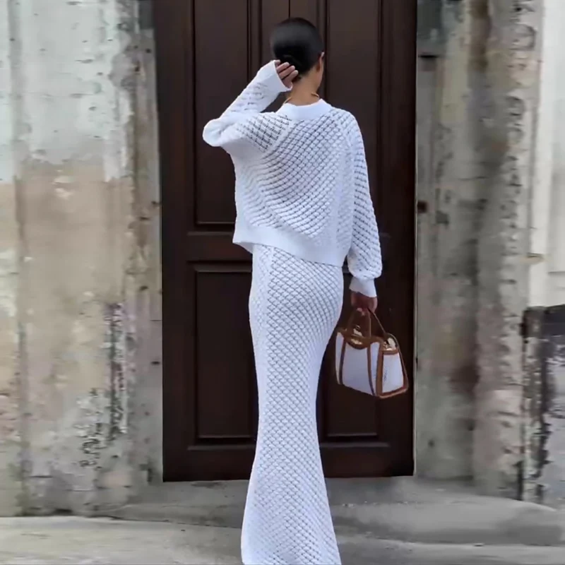 MSCSZ белая вязаная крючком юбка Женский вязаный кардиган свитер подходящий