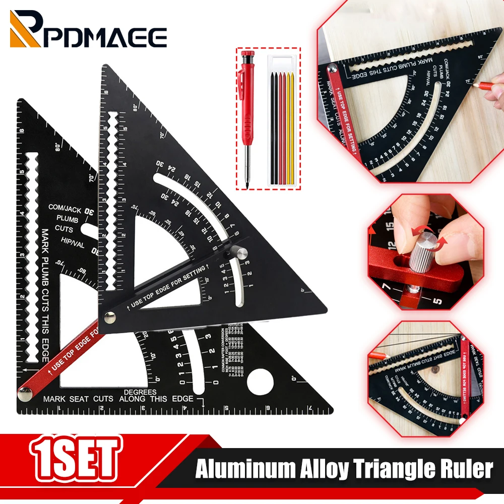 

Aluminum Alloy Triangle Ruler with Angle Metric Protractor Multi-Angle Positioning Marker Woodworking Line Ruler Measuring Gauge