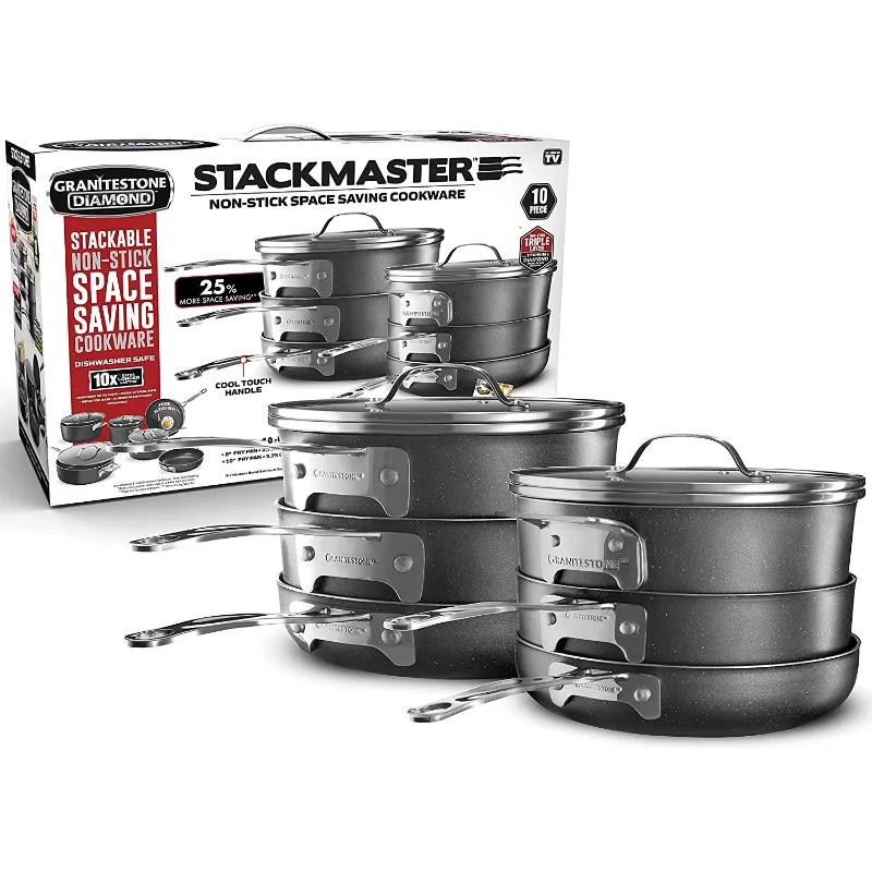 

Granitestone Stackmaster Nonstick Pots and Pans Set, 10 Piece Complete Cookware Set, Stackable Design with Ultra Nonstick Min