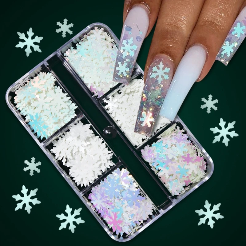 

6 Grids Winter Christmas Mixed White Snowflake Nail Glitter Sequins 3D Holographic Snow Flakes Slice Nail Art Decoration