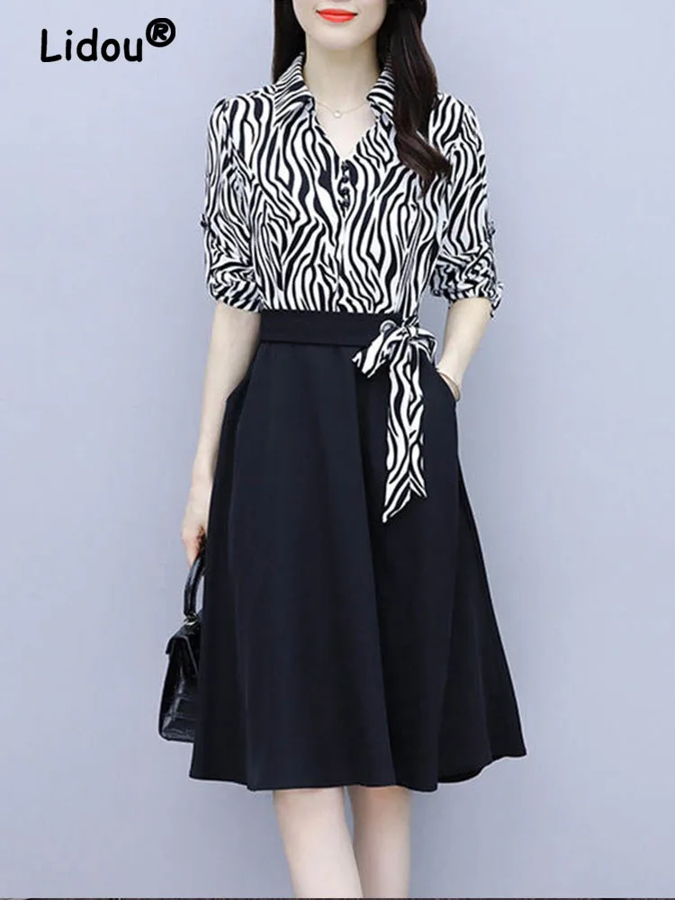 

Elegant Fashion Turn-down Collar Office Lady Midi Dress New Summer Autumn 2022 Lacing Striped Printing Lacing Outfit Vestidos