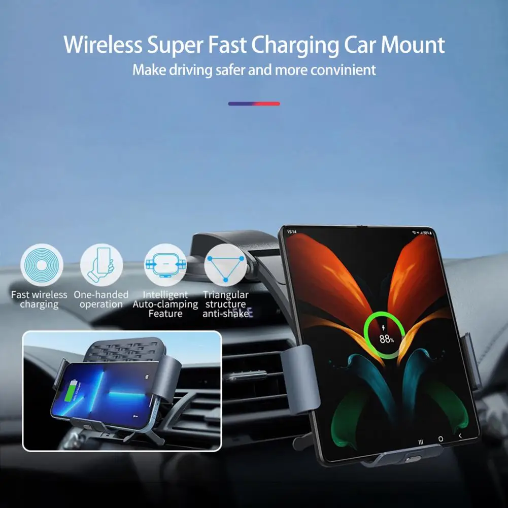 

Car Wireless Charger Dual Coil Universal Auto-clamping 360 Degree Rotation Qi Fast Charging 15W Fold Screen Phone Holder Mount C