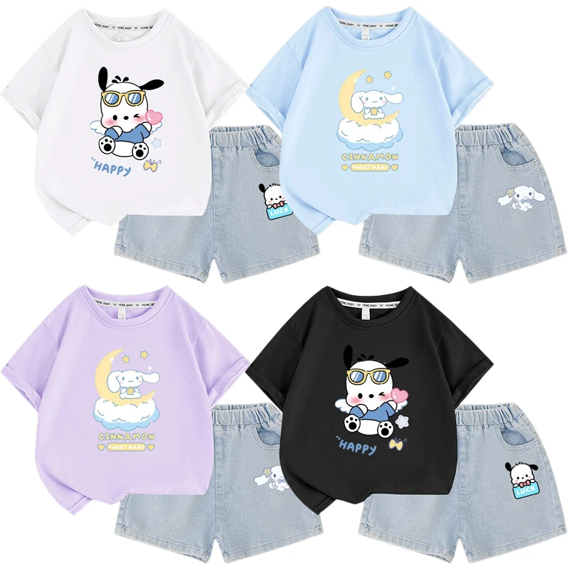 

Sanrios Cartoon Children Clothing Cinnamoroll Pochacco Short Sleeve Denim Shorts Sweet Cute Summer Girls Half Sleeves T-shirt