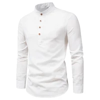 2022 new mens autumn cotton linen long sleeve shirts solid color stand collar shirts casual fashion tops loose shirts