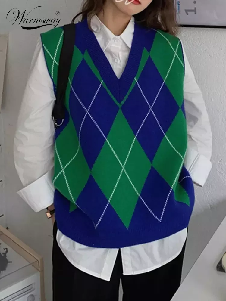 

V Neck Vintage Argyle Sweater Vest Women Sleeveless Plaid Knitted Oversized Sweaters Casual Autumn Preppy Style C-223